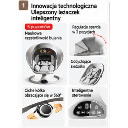 Elektryczny leżaczek bujaczek niemowlęcy z daszkiem i sterowaniem z aplikacji – szary