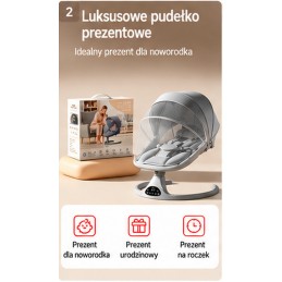 Elektryczny leżaczek bujaczek niemowlęcy z daszkiem i sterowaniem z aplikacji – szary
